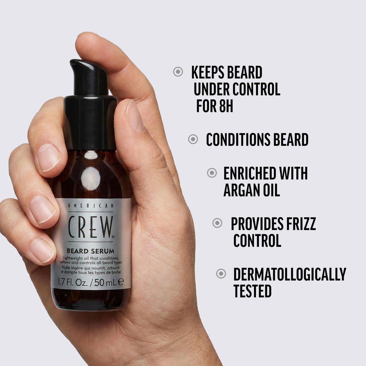 American Crew serum poured into palm demonstrating easy application and lightweight feel