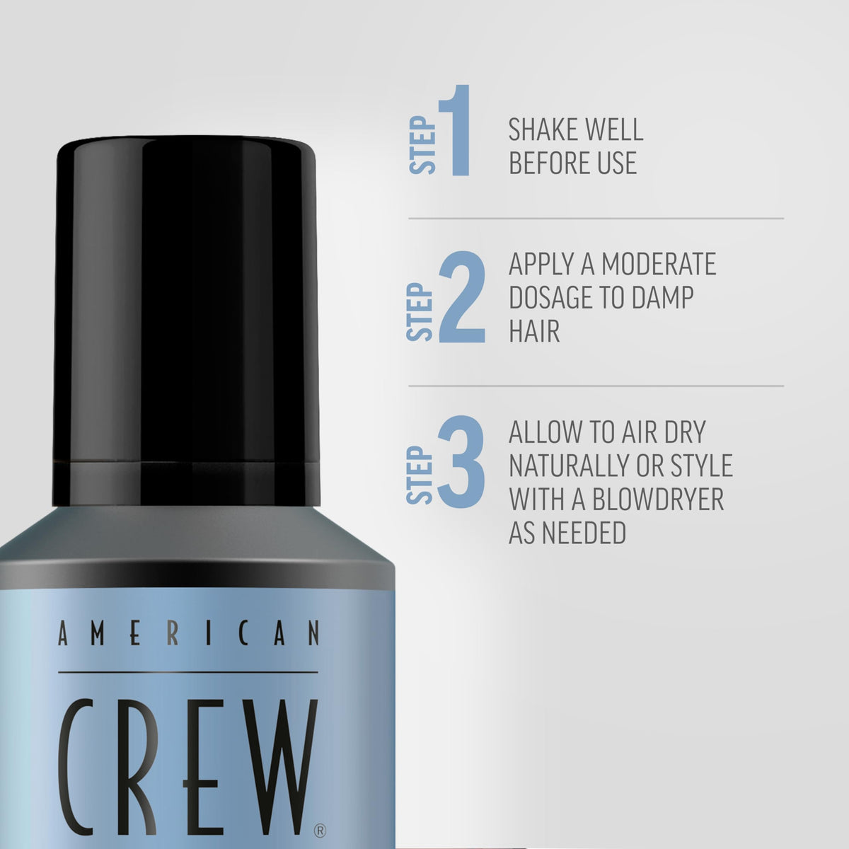 American Crew styling with blowdryer illustrating enhanced volume and shape