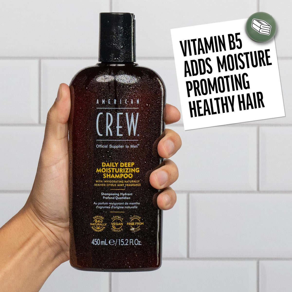 American Crew bottle placed in a bathroom lifestyle scene showing everyday use