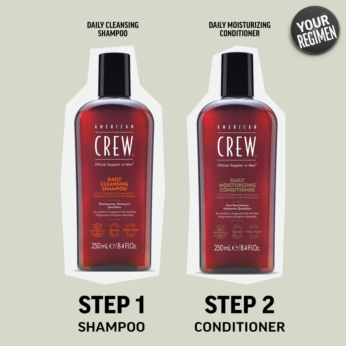 American Crew bottle beside recycled icon showing eco-friendly packaging benefit