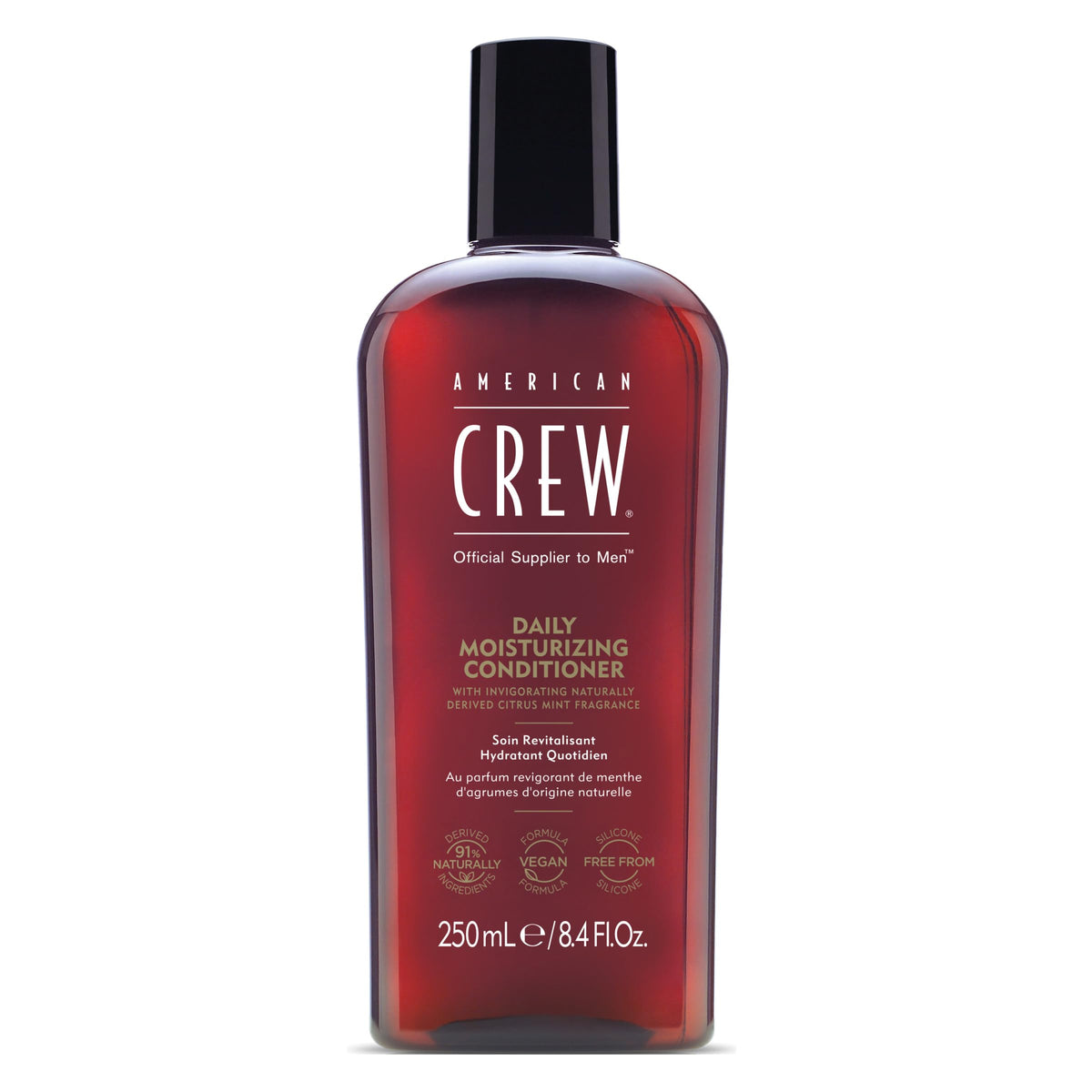 American Crew front packaging showing bottle and label, clear branding and benefit