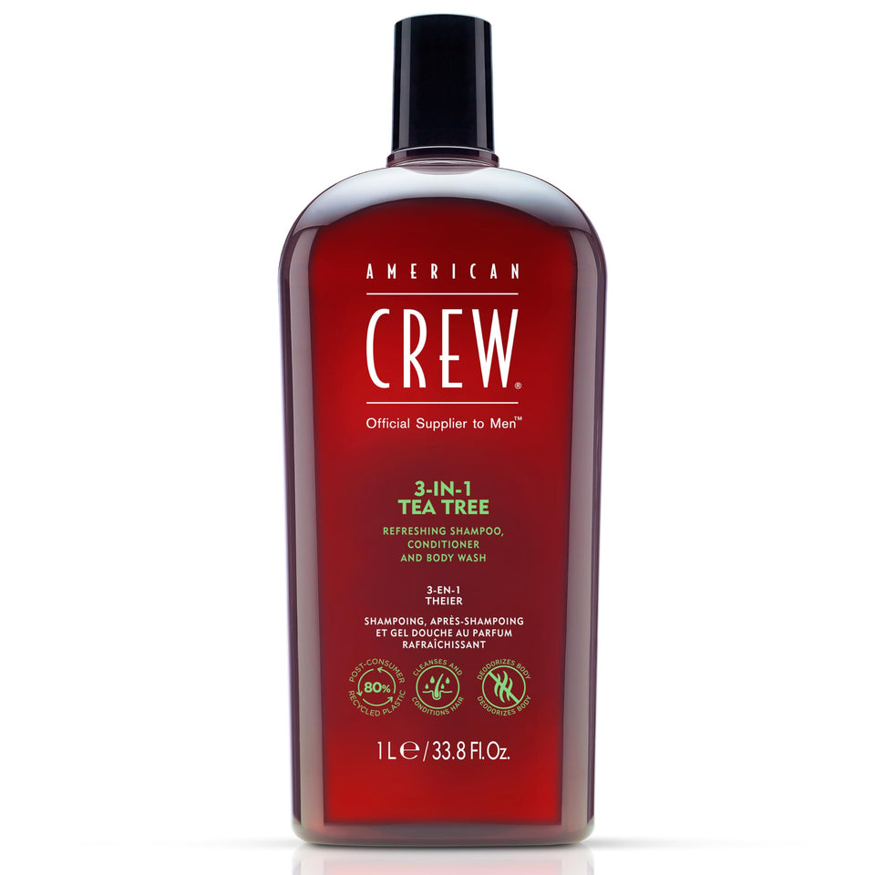 American Crew front bottle view showing 3-in-1 tea tree formula and branding for convenience