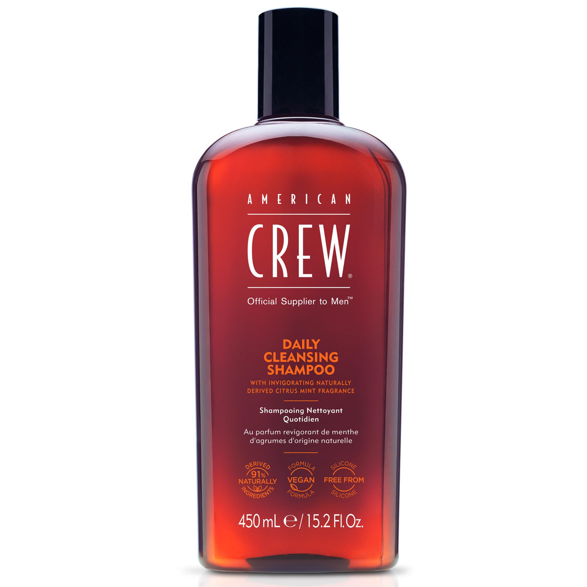 American Crew front packaging showing 15.2 fl oz bottle and clean branding benefit: clear identification
