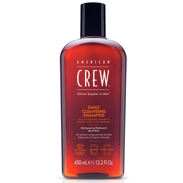 American Crew front packaging showing 15.2 fl oz bottle and clean branding benefit: clear identification