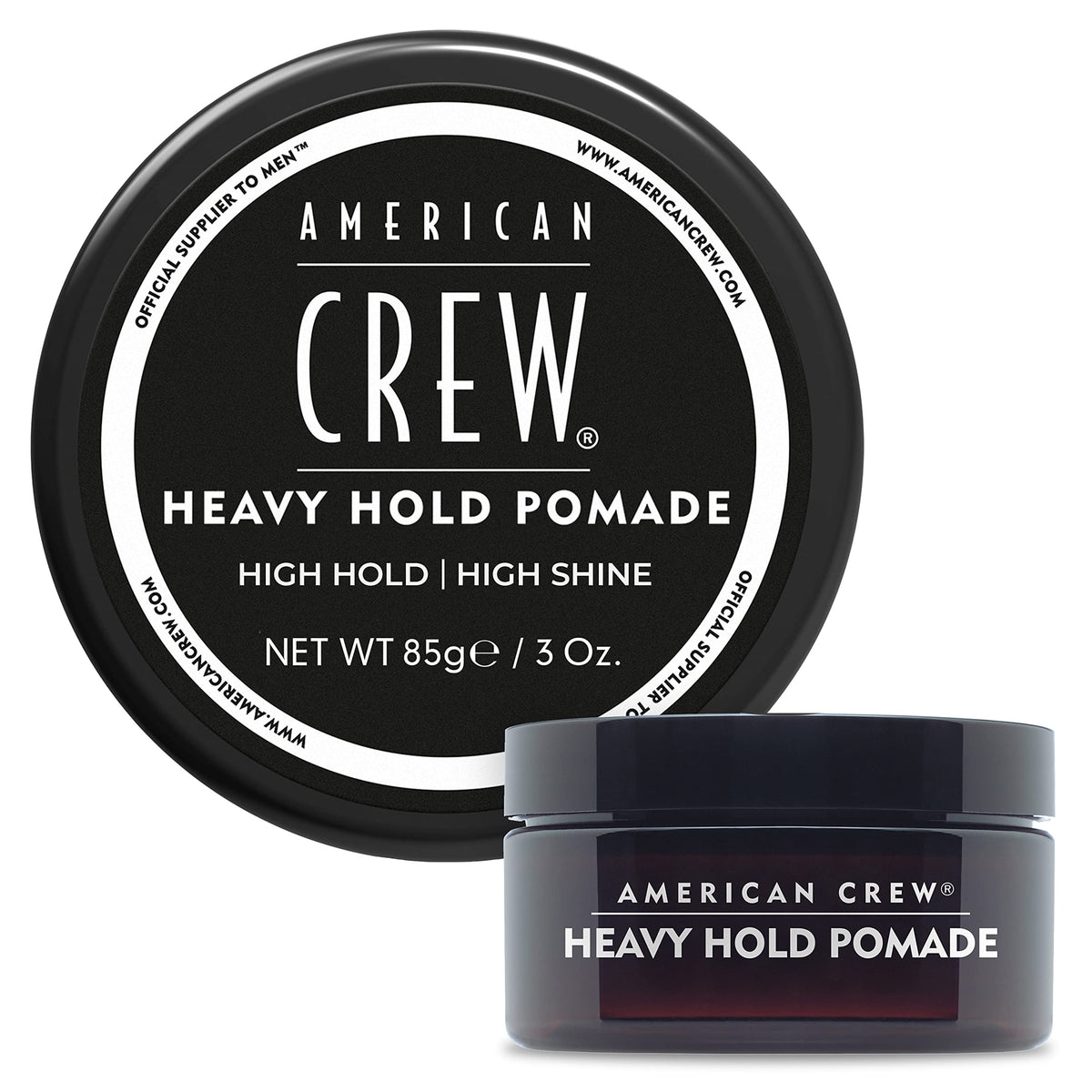 American Crew front packaging pomade showing brand and polished look benefit