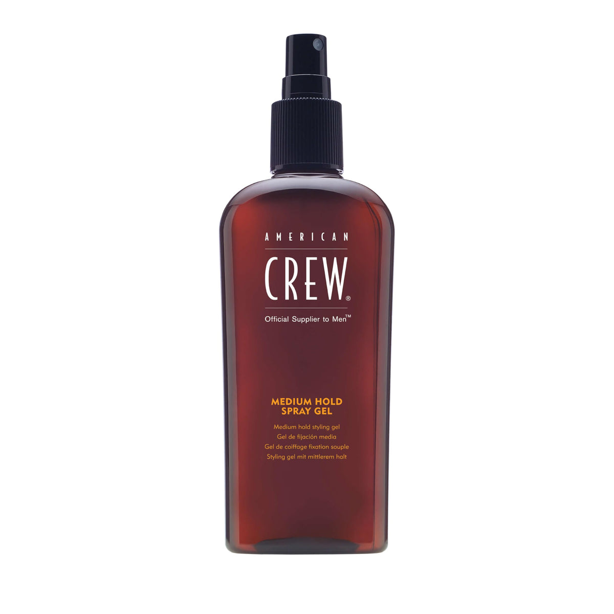American Crew front packaging showing bottle and product benefit of medium hold