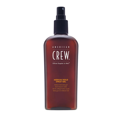 American Crew front packaging showing bottle and product benefit of medium hold