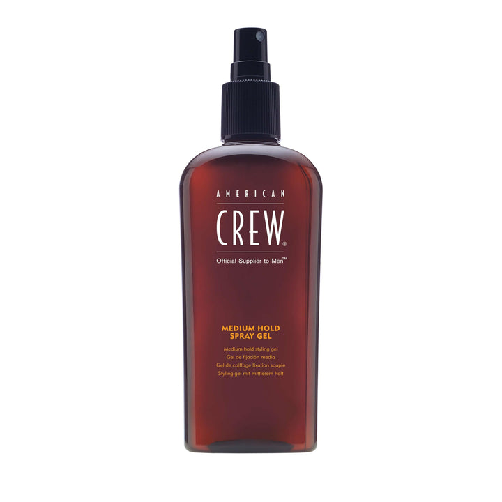 American Crew front packaging showing bottle and product benefit of medium hold