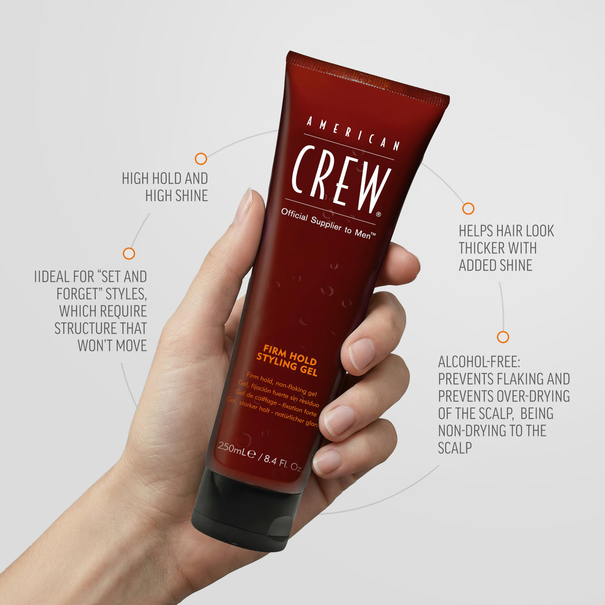 American Crew gel in hand demonstrating easy application and control