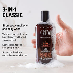 American Crew lather on hair and skin demonstrating effective cleansing and conditioning
