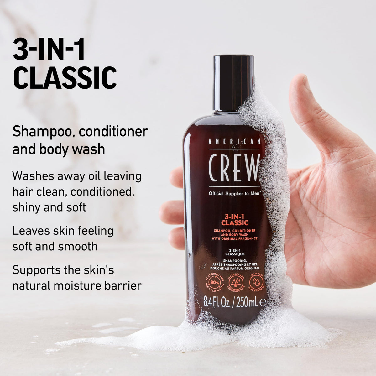 American Crew lather texture close-up demonstrating rich foam and cleansing