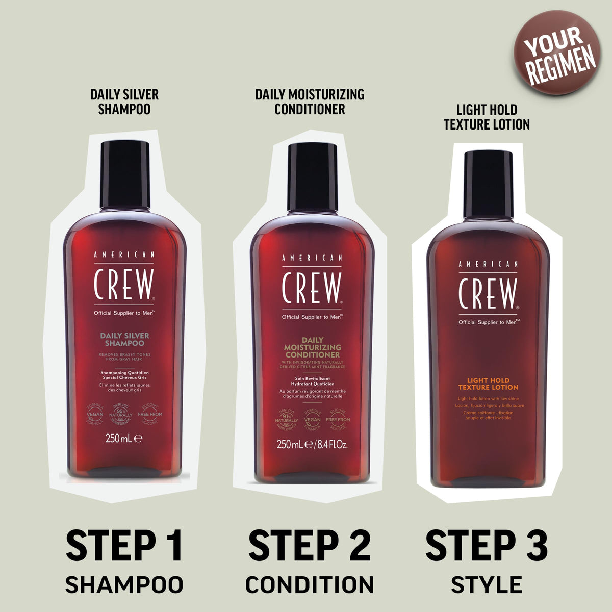 Bathroom shelf with American Crew bottle styled to convey professional grooming routine