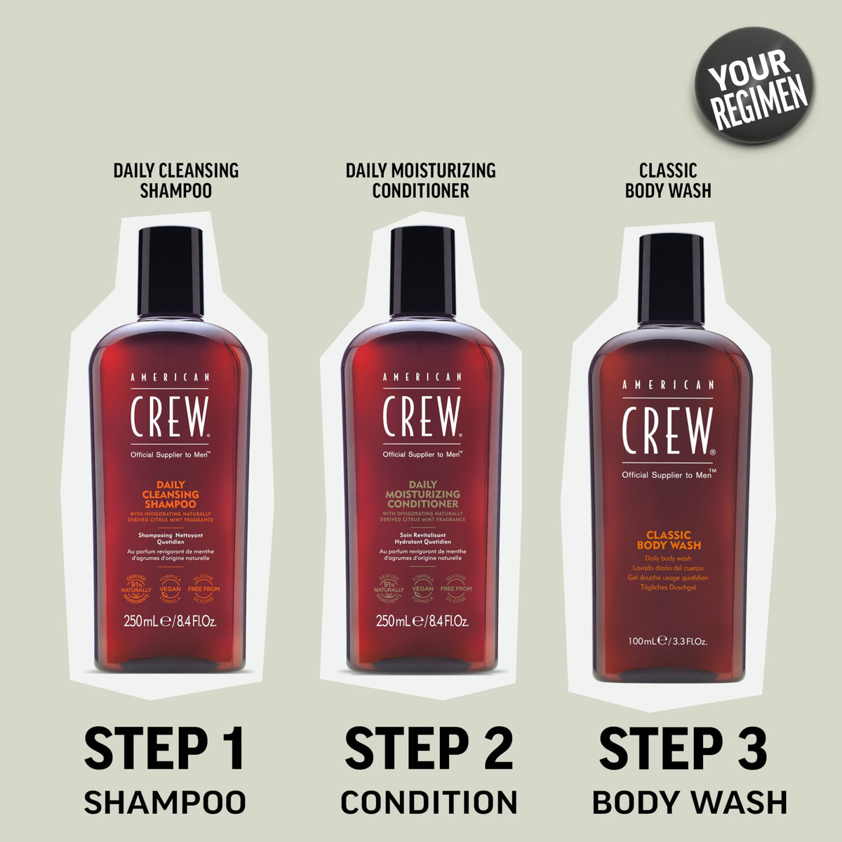 American Crew on shower shelf with other grooming items showing routine-ready fragrance benefit