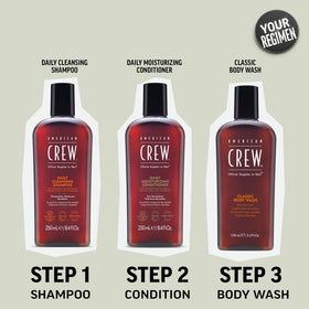 American Crew on shower shelf with other grooming items showing routine-ready fragrance benefit