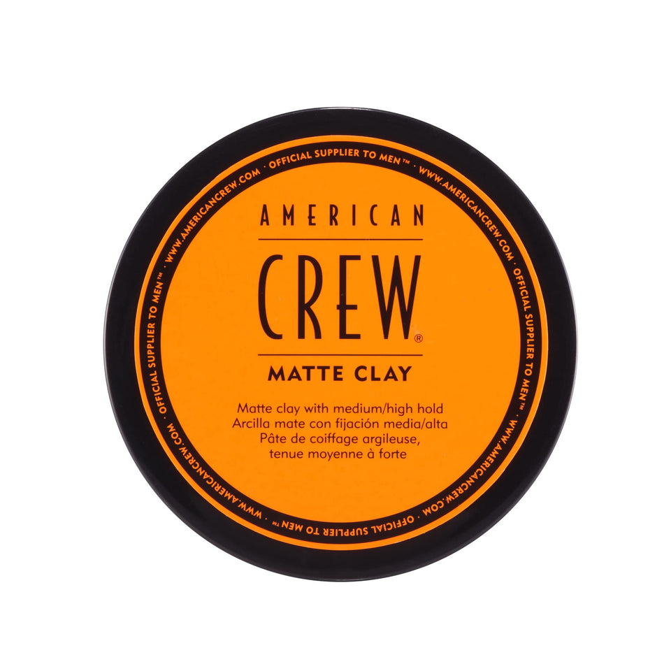 American Crew matte clay front jar view showing product label and matte styling benefit