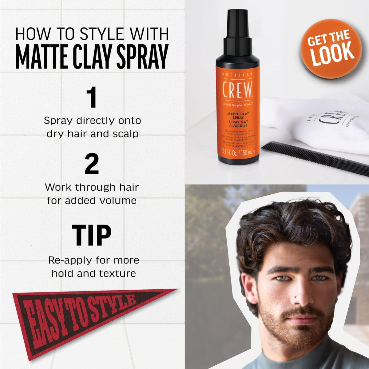 AMERICAN CREW spray action applied to hair for instant lift and volume