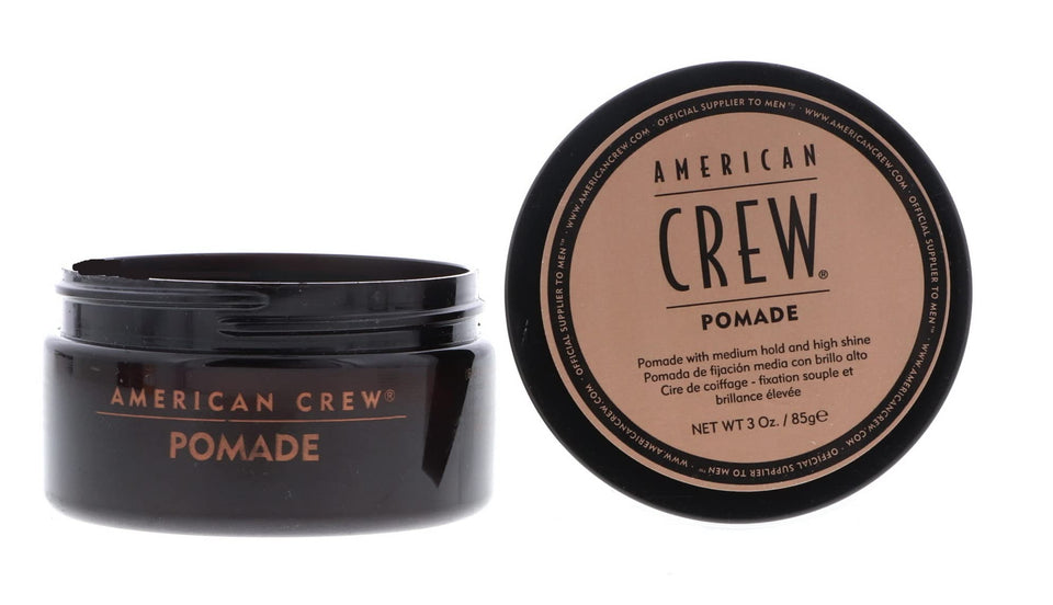American Crew pomade front jar showing brand and size for reliable styling