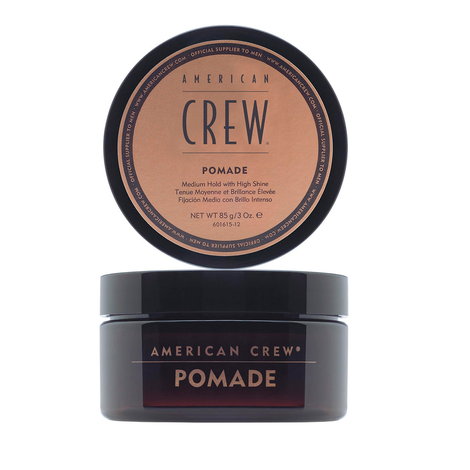 American Crew pomade jar front view shows high-shine finish and easy application