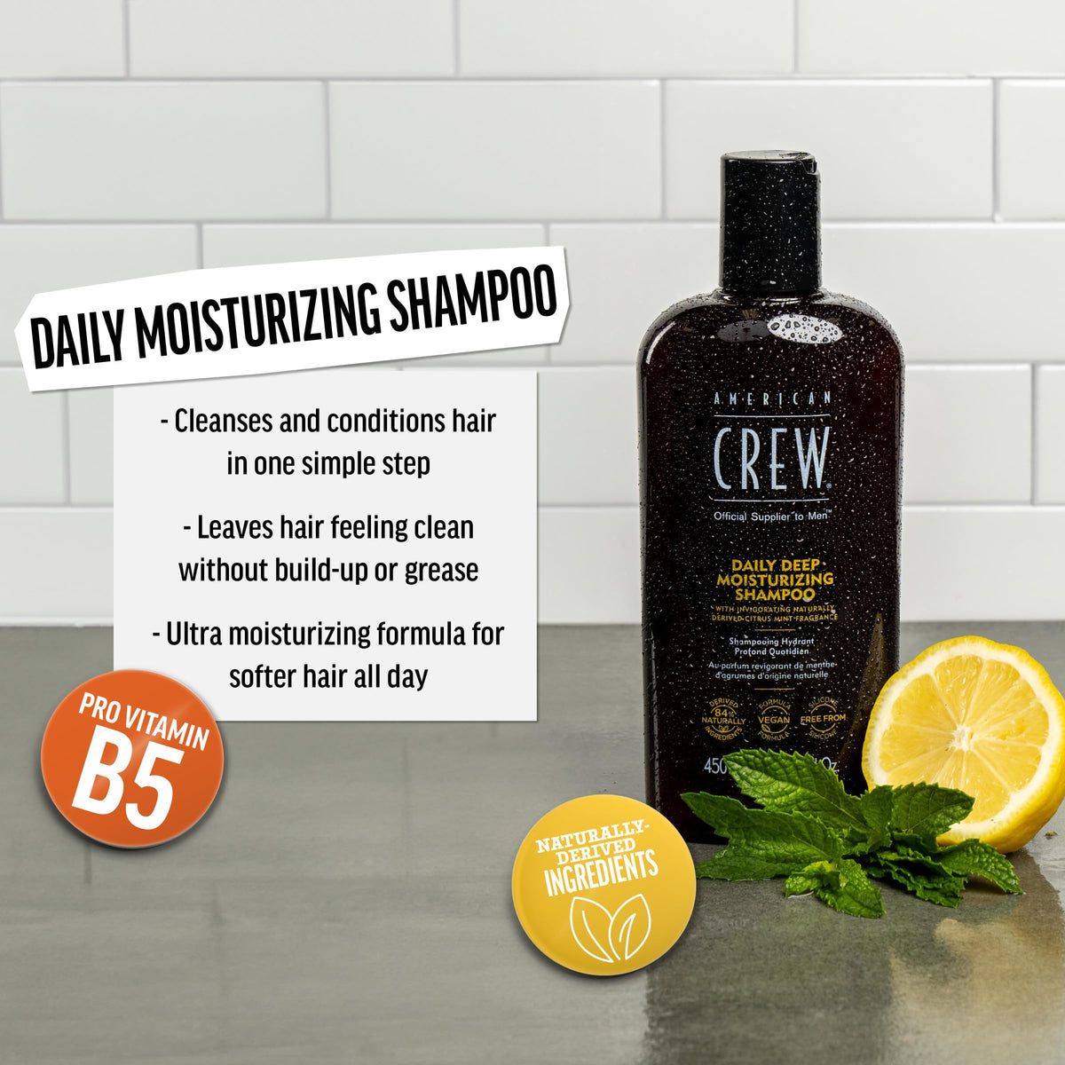 American Crew pump dispense close-up delivering measured shampoo for control