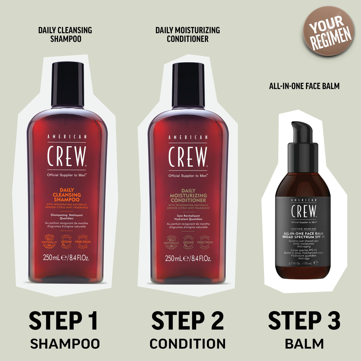American Crew shampoo on bathroom shelf styled in routine setting for daily grooming benefit