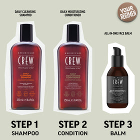 American Crew shampoo on bathroom shelf styled in routine setting for daily grooming benefit