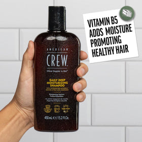 AMERICAN CREW shampoo in use under shower showing cleansing and refreshment