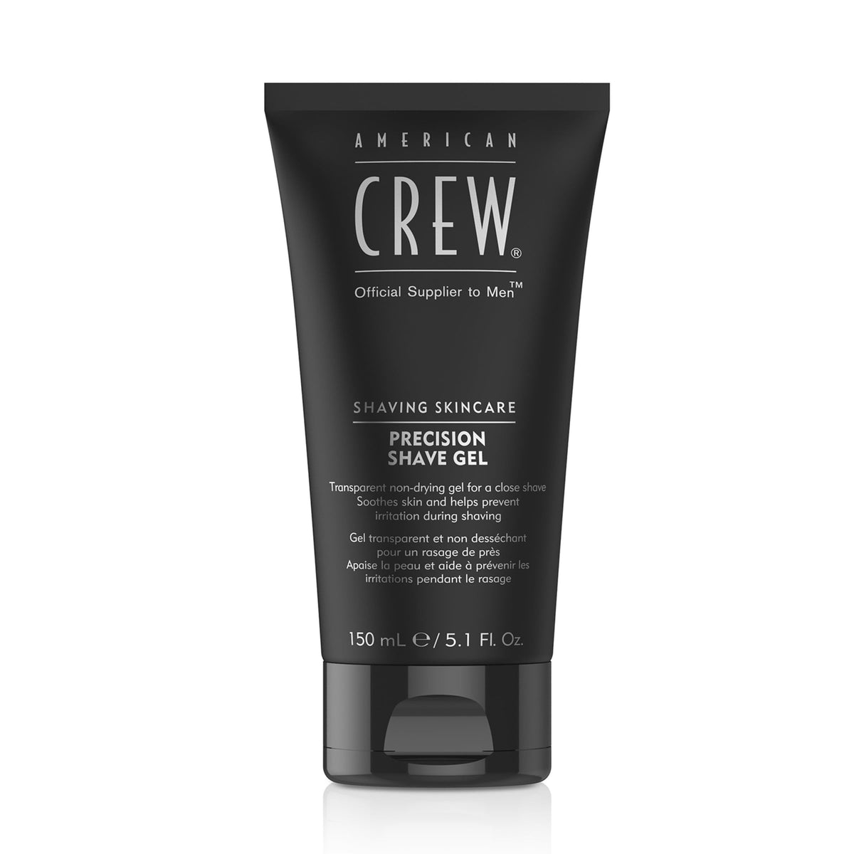 American Crew front bottle view showing label and size benefit: easy identification