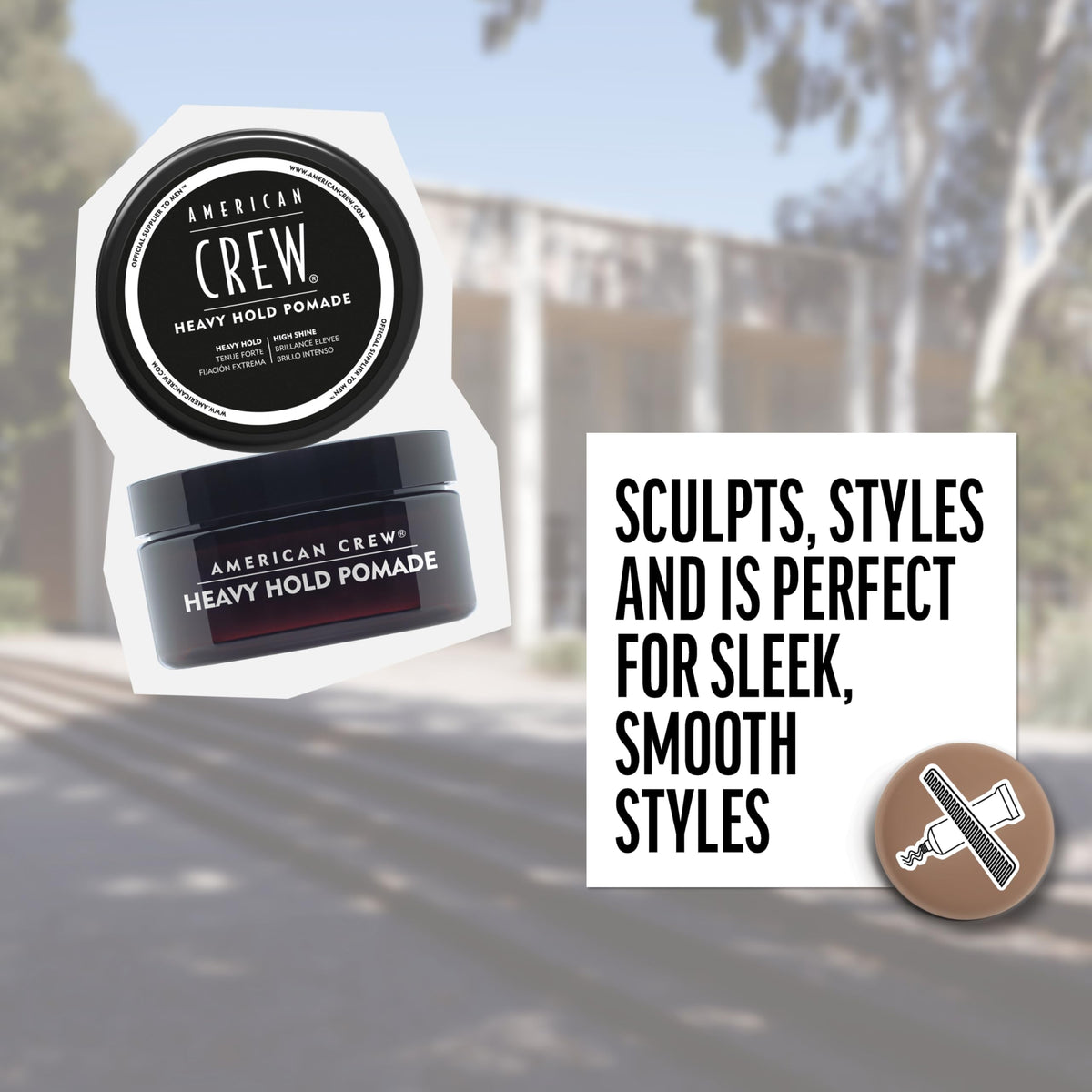 American Crew styled slick-back on model showcasing high-shine finish benefit