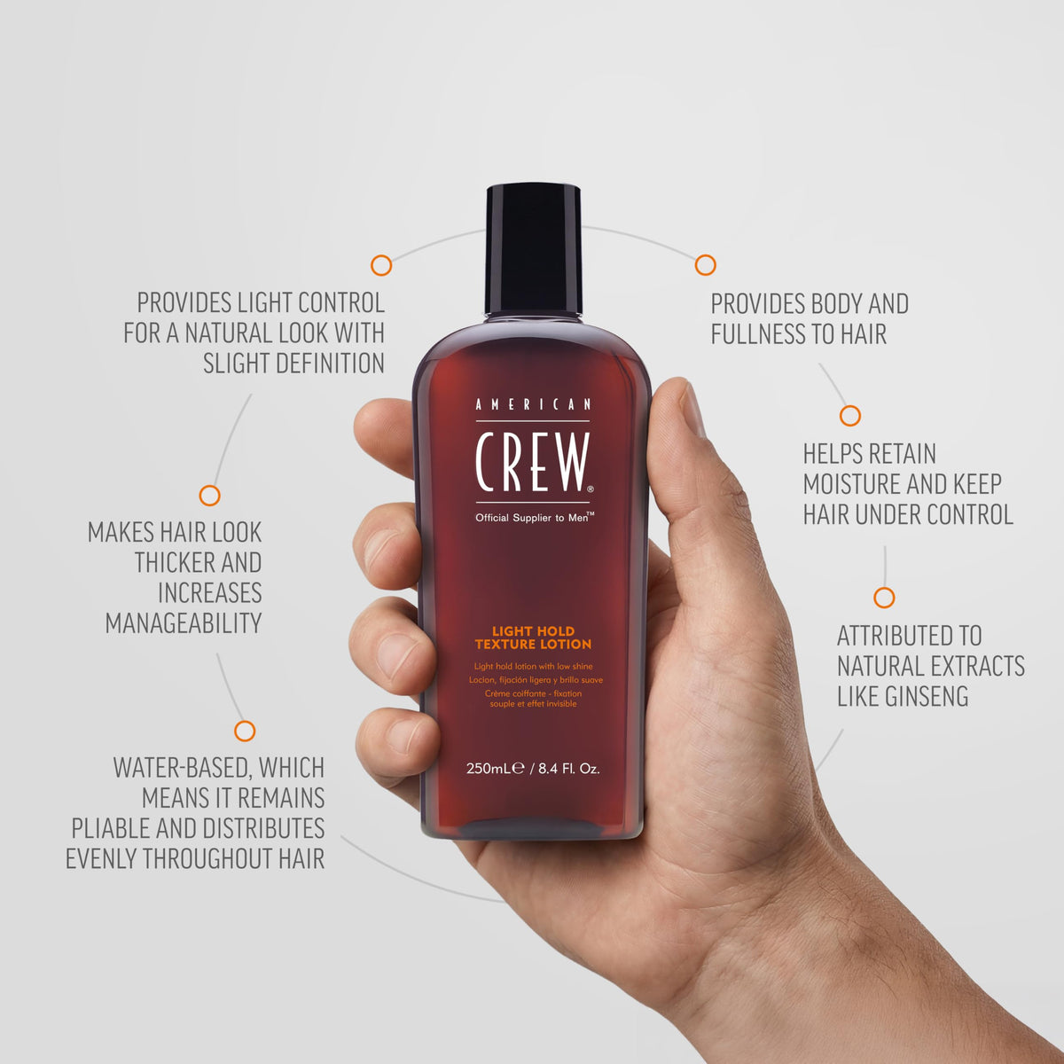 American Crew lotion texture on palm highlighting lightweight, non-greasy feel