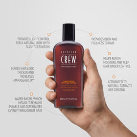 American Crew lotion texture on palm highlighting lightweight, non-greasy feel