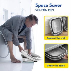 American Wellness Authority foot tub size comparison with foot showing generous capacity