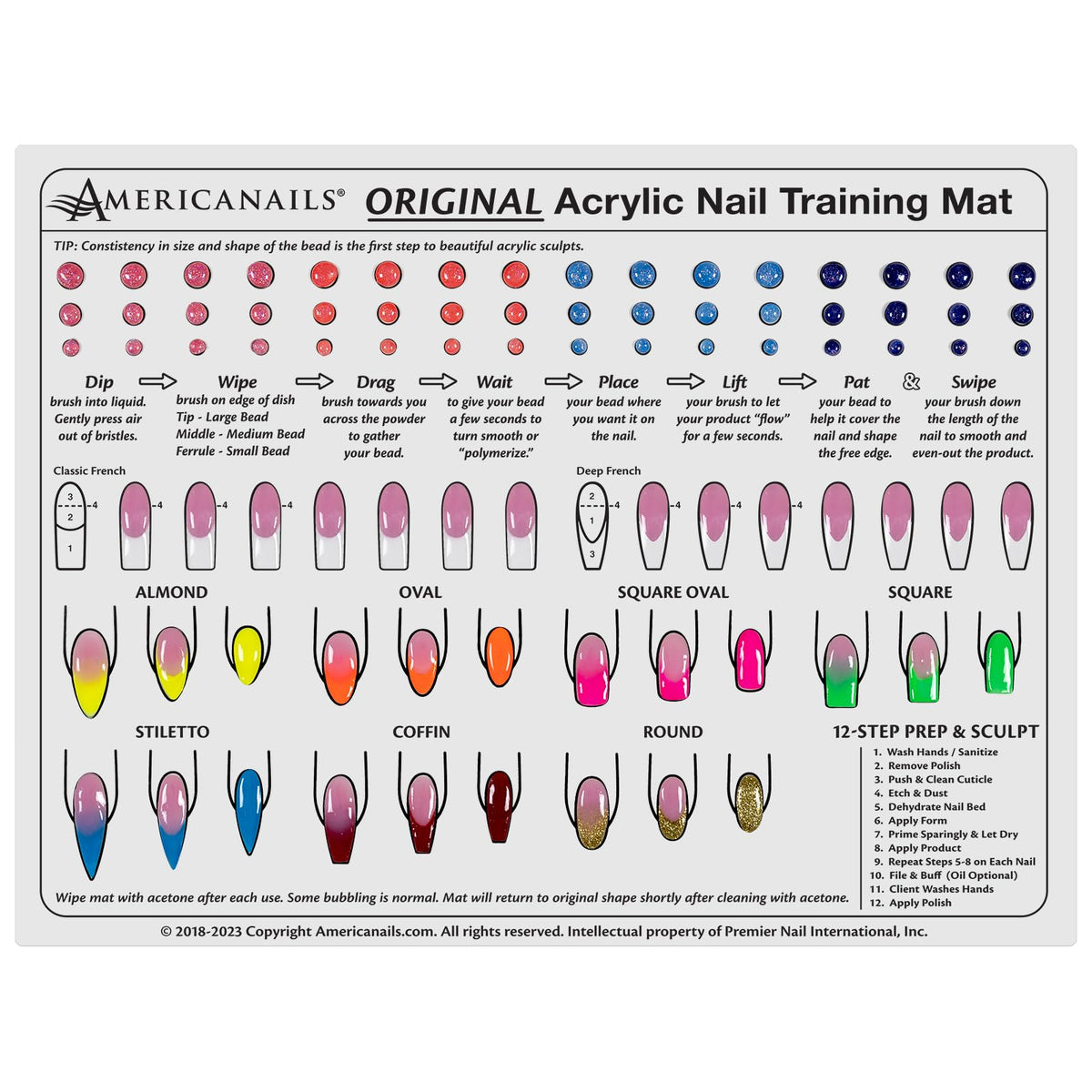 AMERICANAILS .COM front view of training mat showing printed nail templates and layout for practice