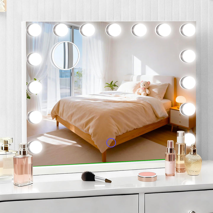 Amifiy front view vanity mirror showing full frame and lights for clear application