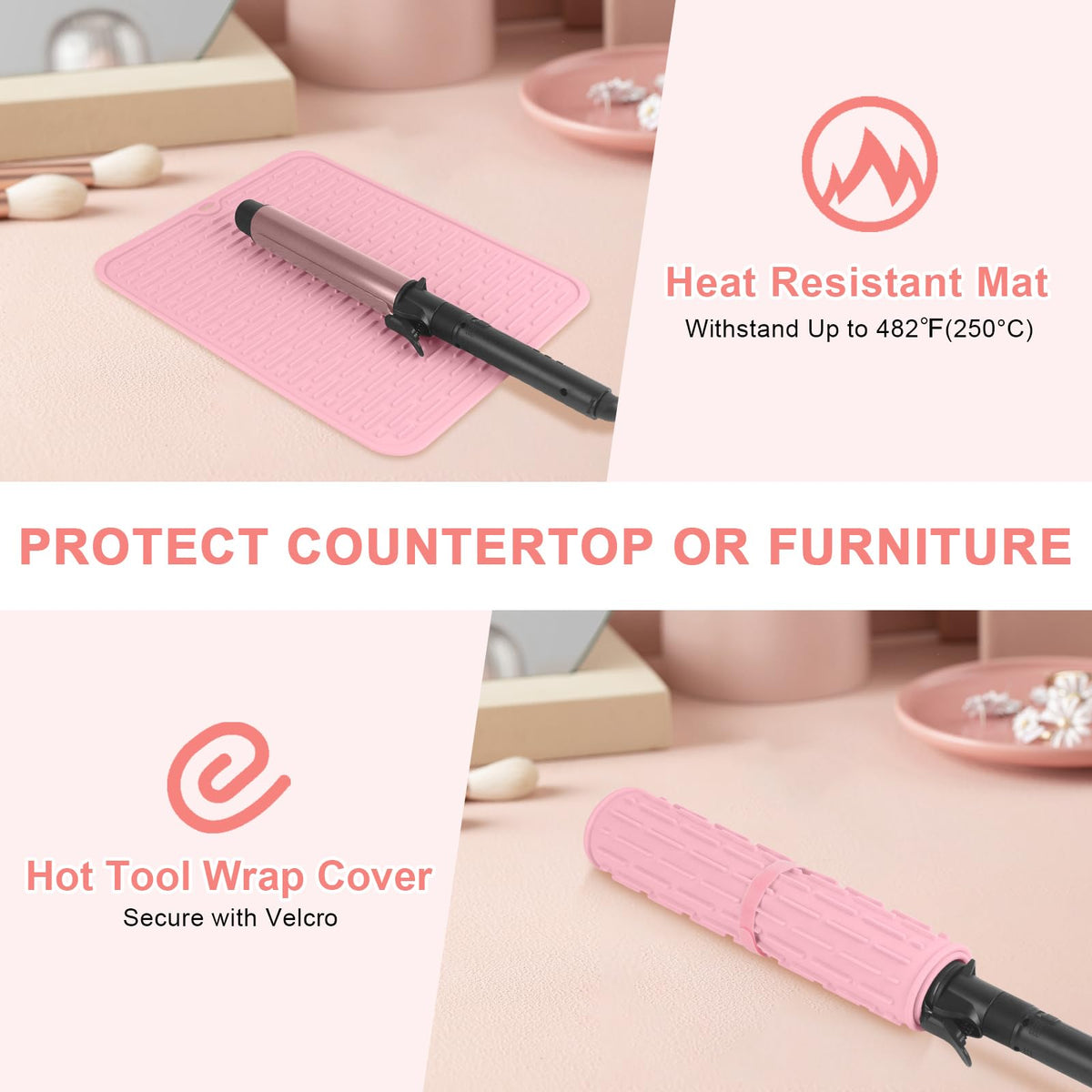 AMIJEAL mat holding a hot curling iron demonstrating heat protection