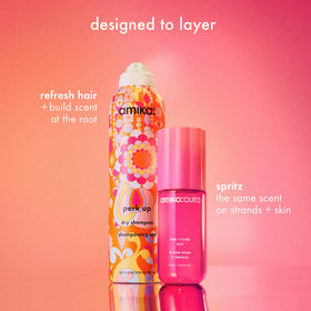 amika aura bottle beside a smartphone to indicate travel-friendly size