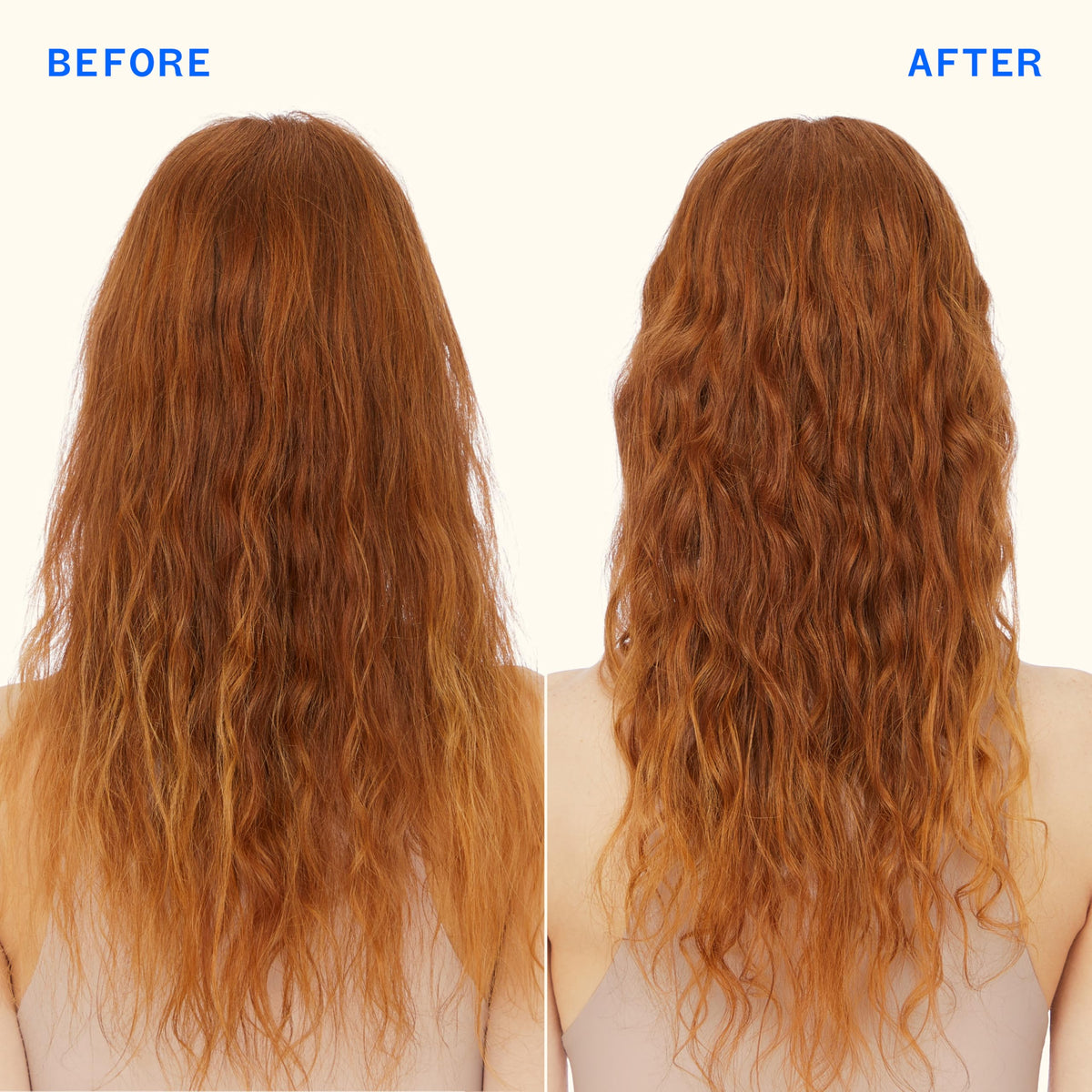 Amika before and after moisture comparison showing visibly softer hair