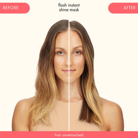 Amika before-and-after hair comparison showing added shine