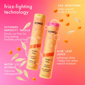 Amika bottle staged with humidity visuals showing frizz protection benefit