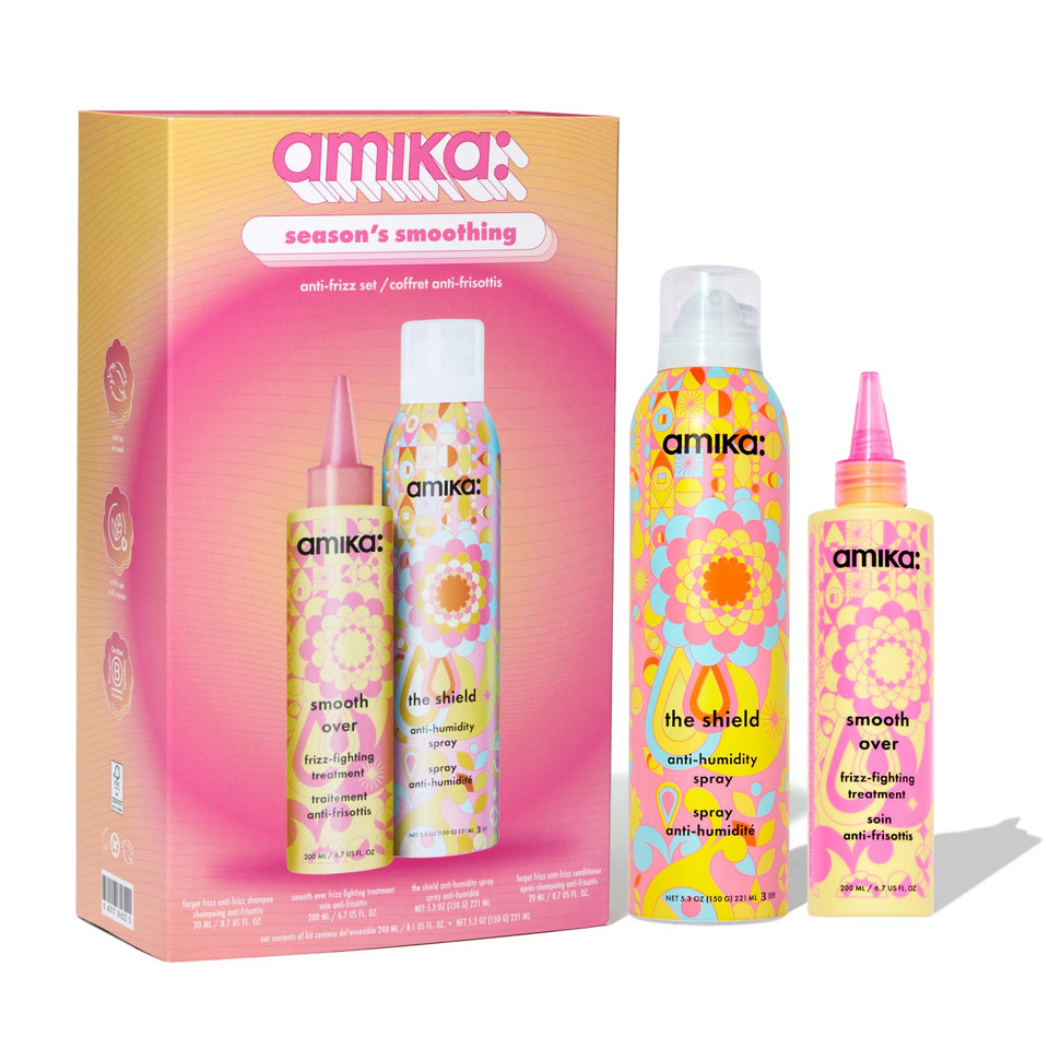 Amika front packaging showing limited-edition smoothing set and value benefit