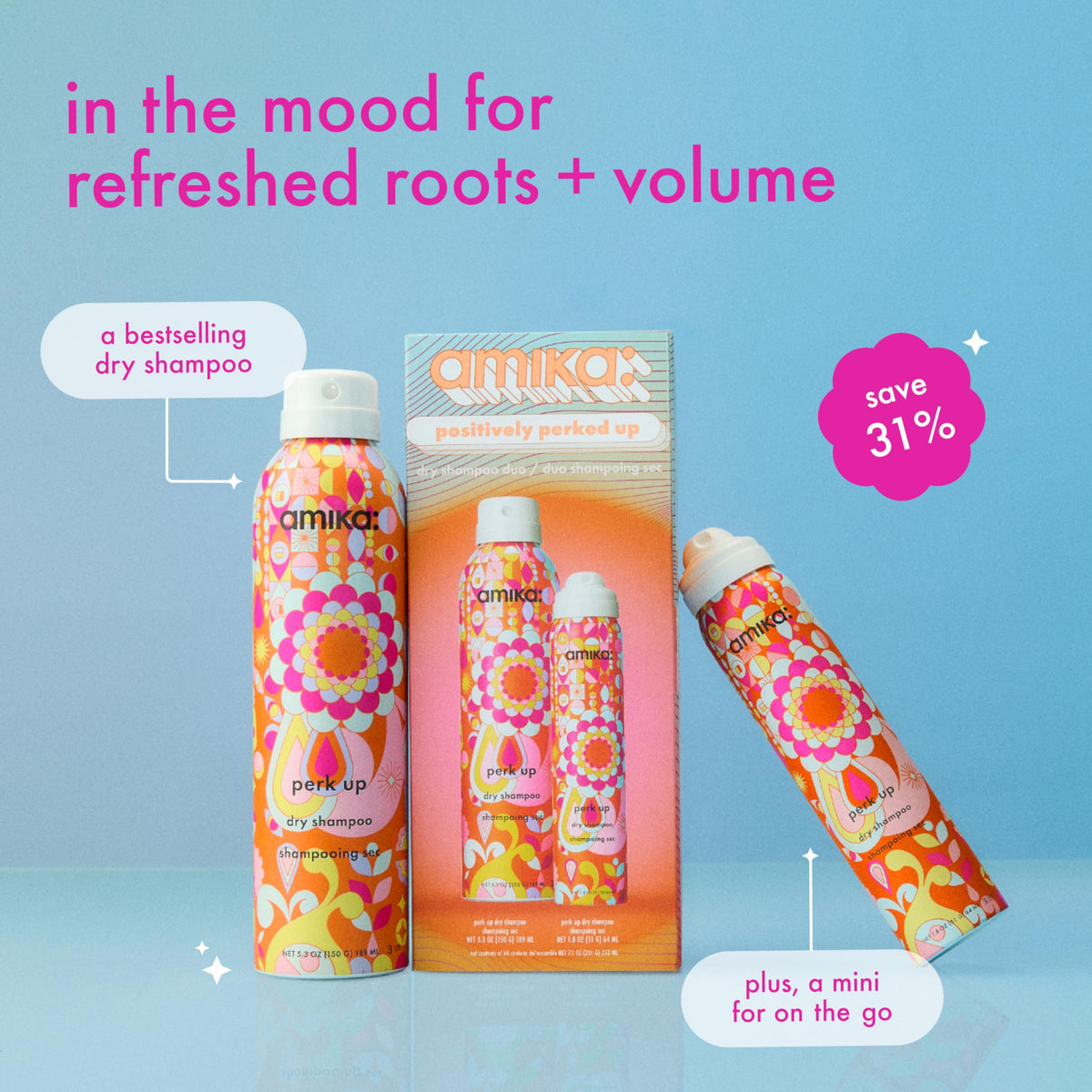 Amika full-size can close-up highlighting label and nozzle benefit