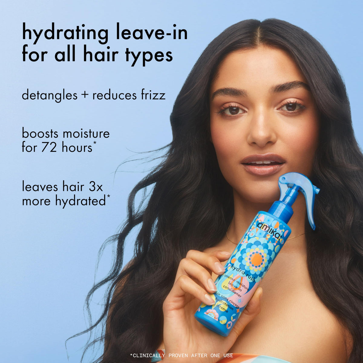 Amika Hydro Rush back label with ingredients list highlighting hyaluronic acid benefits