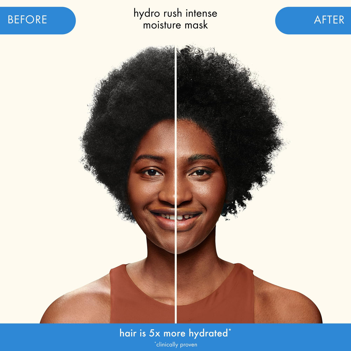 Amika Hydro Rush before and after comb-through showing improved manageability and reduced breakage