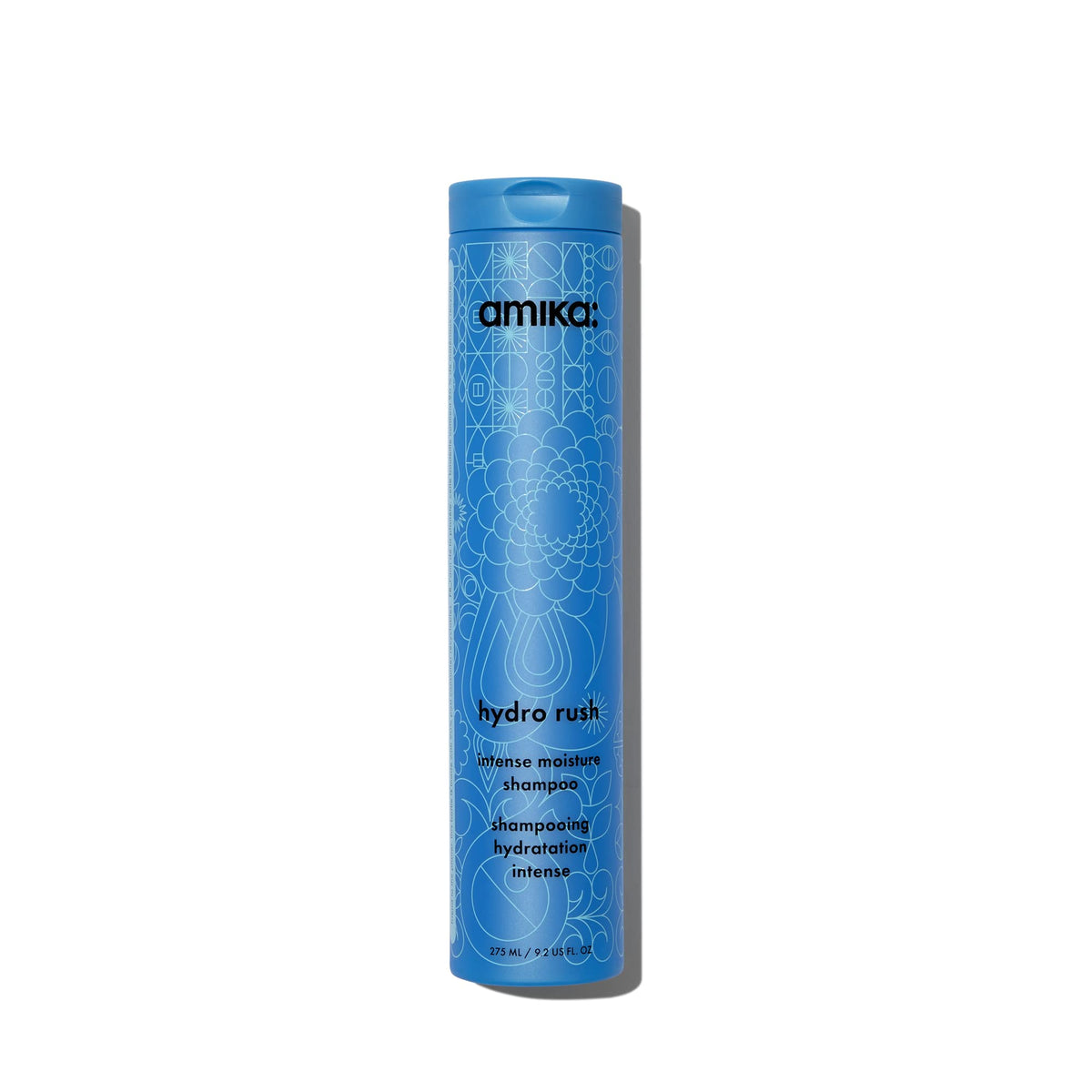 Amika hydro rush front bottle on white background showing 275ml benefit