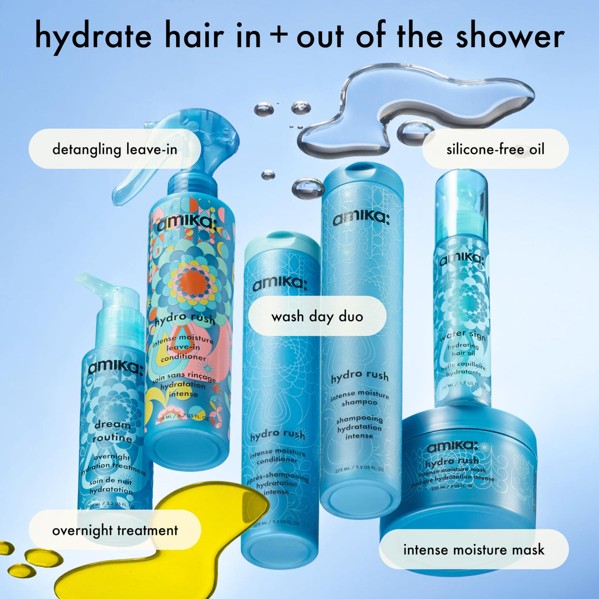 Amika hydro rush applied to wet hair demonstrating improved manageability