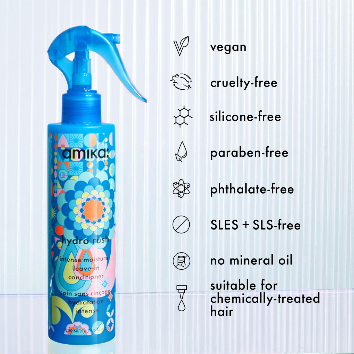 Ingredients display with Amika Hydro Rush coconut water and blue algae for fresh hydration