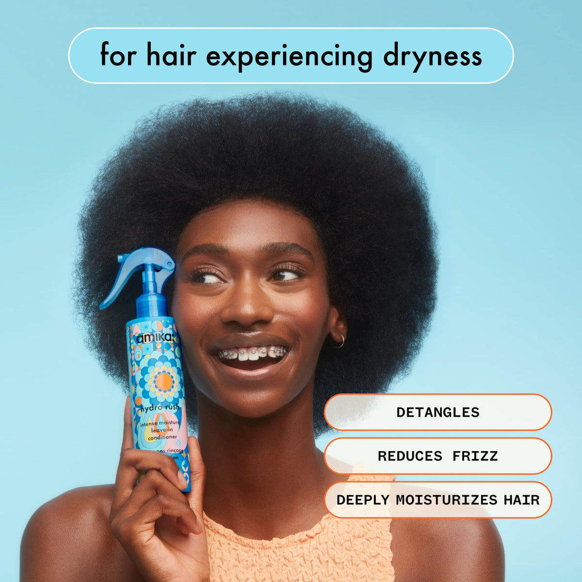 Amika Hydro Rush ingredient flatlay with hyaluronic acid and squalane, nourishing benefit