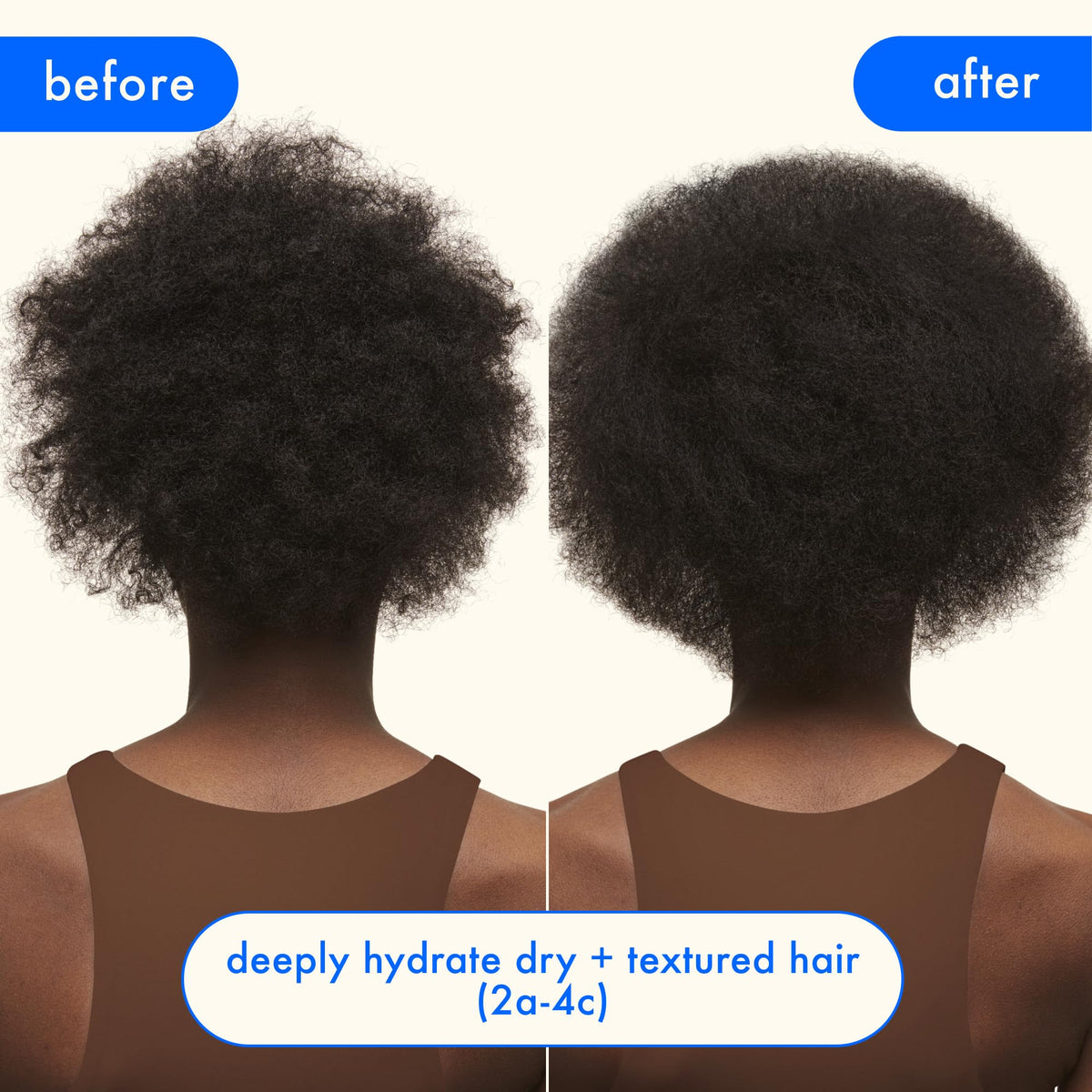 Amika before and after on textured hair showing improved softness