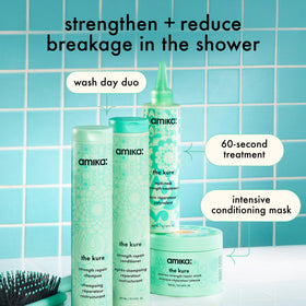 Amika conditioner applied in shower to hair strands showing application benefit salon‑style results
