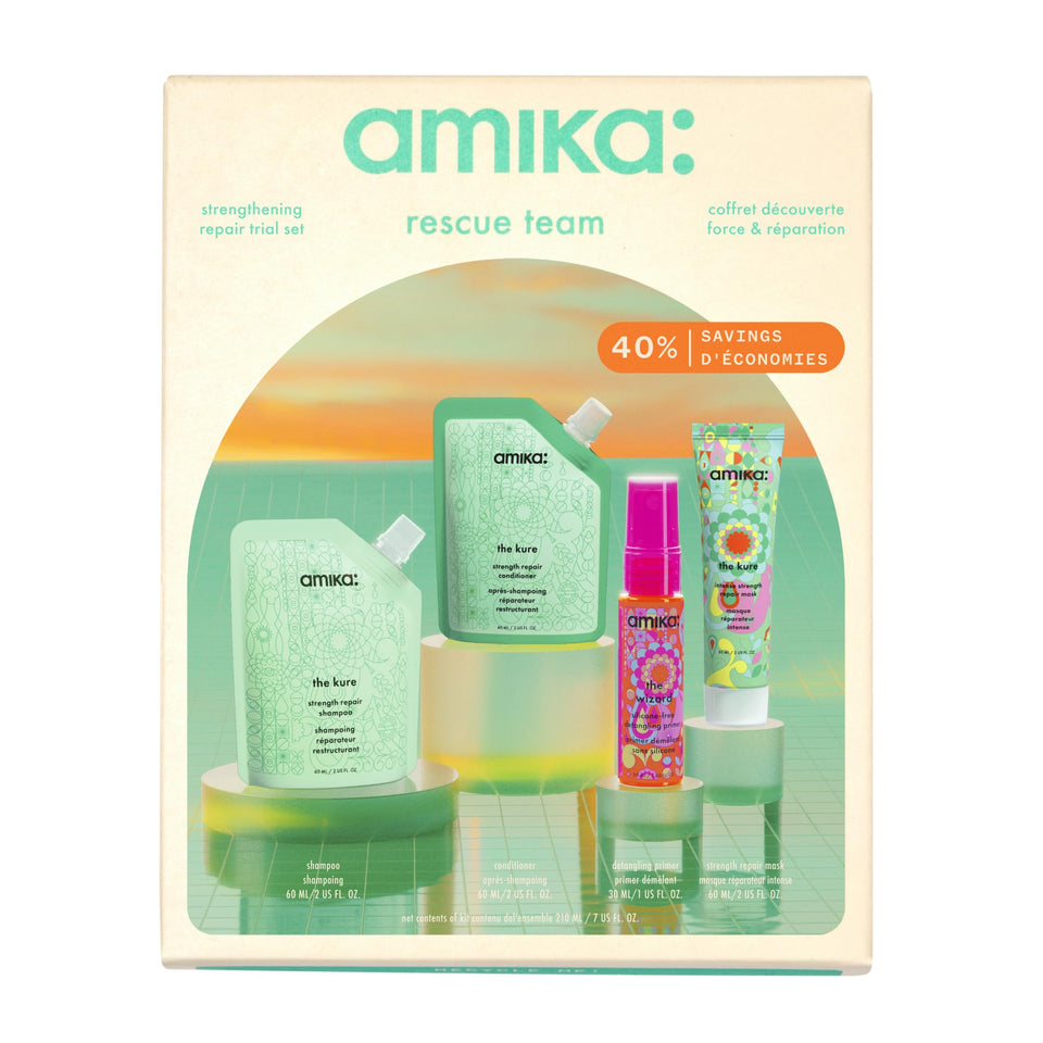 Amika rescue team front packaging showing kit and travel-sized benefits