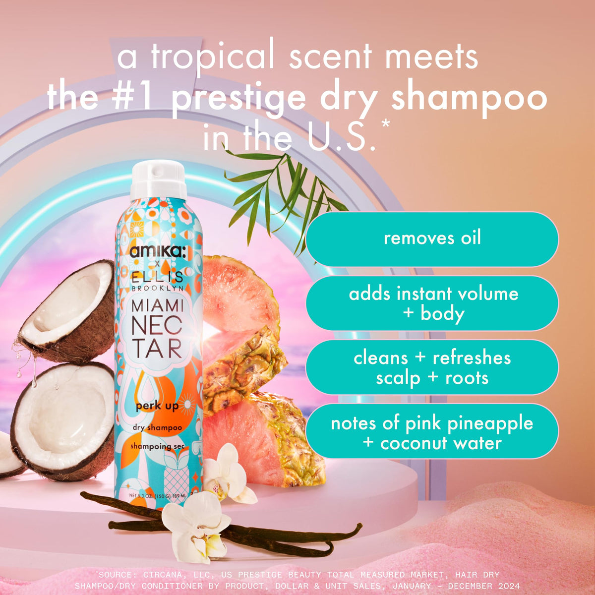 Amika side label close-up showing product claims and fragrance details benefit